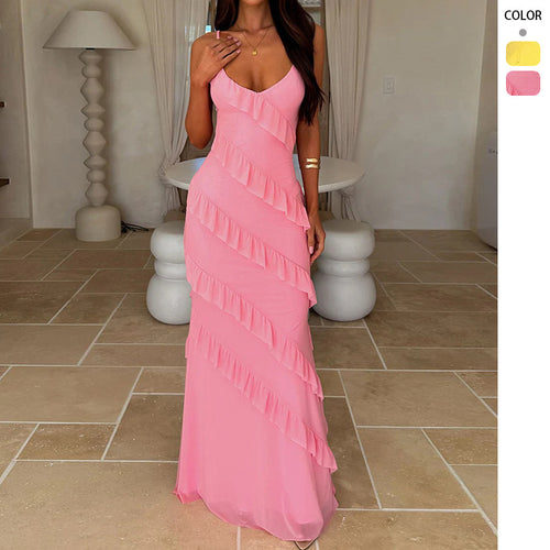 Backless Spaghetti-strap V-neck Dress With Side Slits