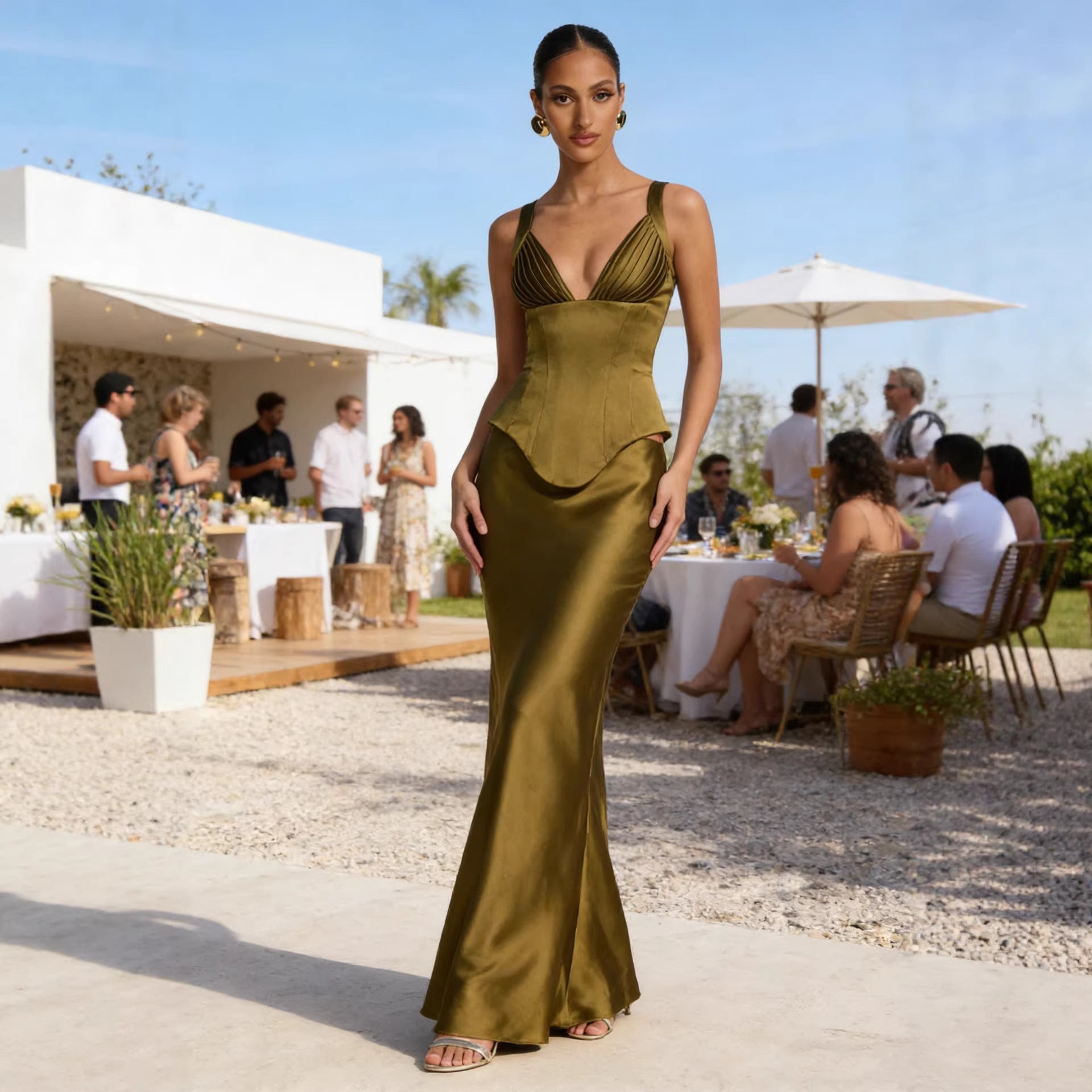 Fashionable Sheath Long Satin Skirt Set