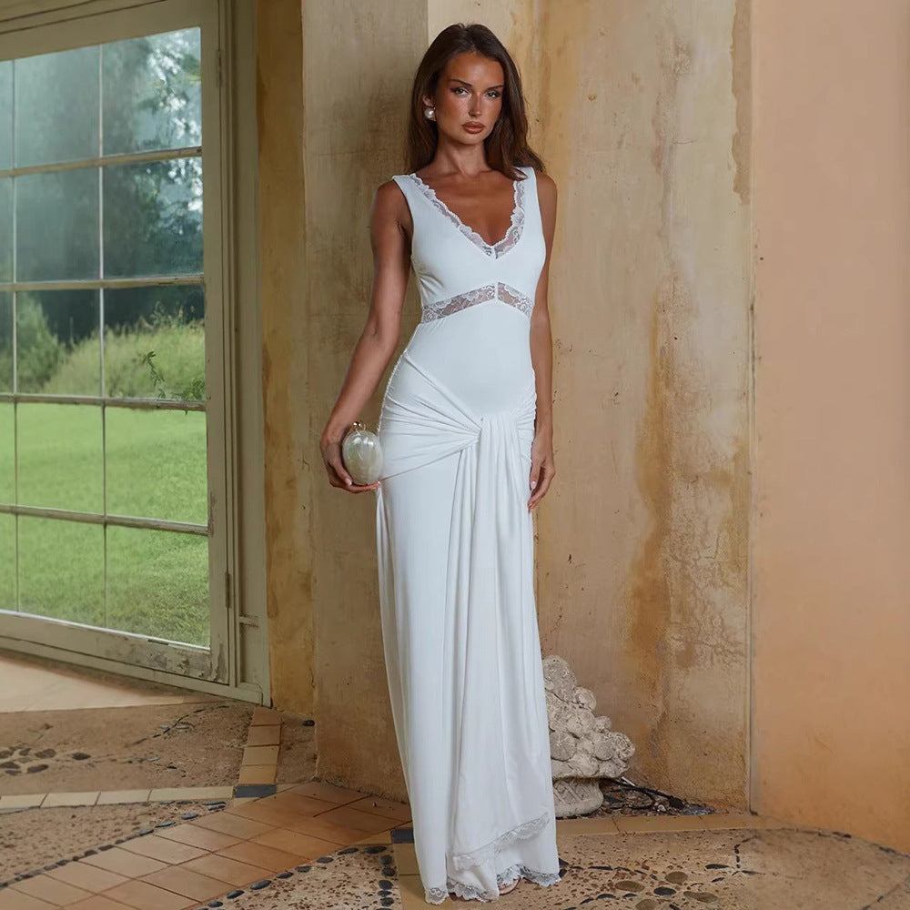 Lace-trimmed V-neck Slim-fit Elegant Chic Long Dress With Ribbons