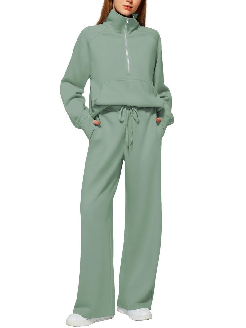 Solid Color Long-sleeve Zip-up Sweatshirt And Pants Set Two-piece Suit