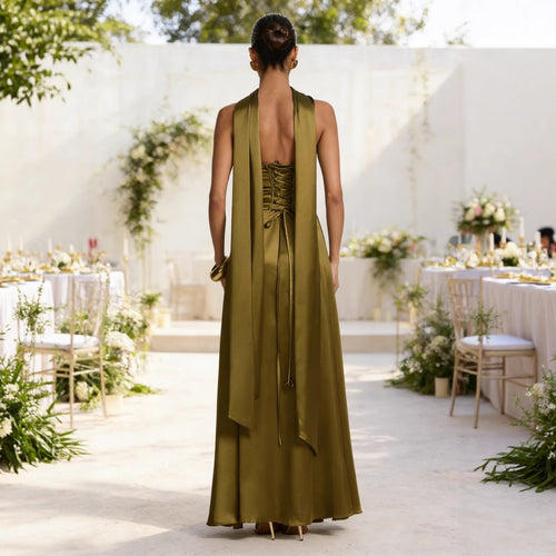 Backless Tube-Top Waist-Cinching Gown Long Dress