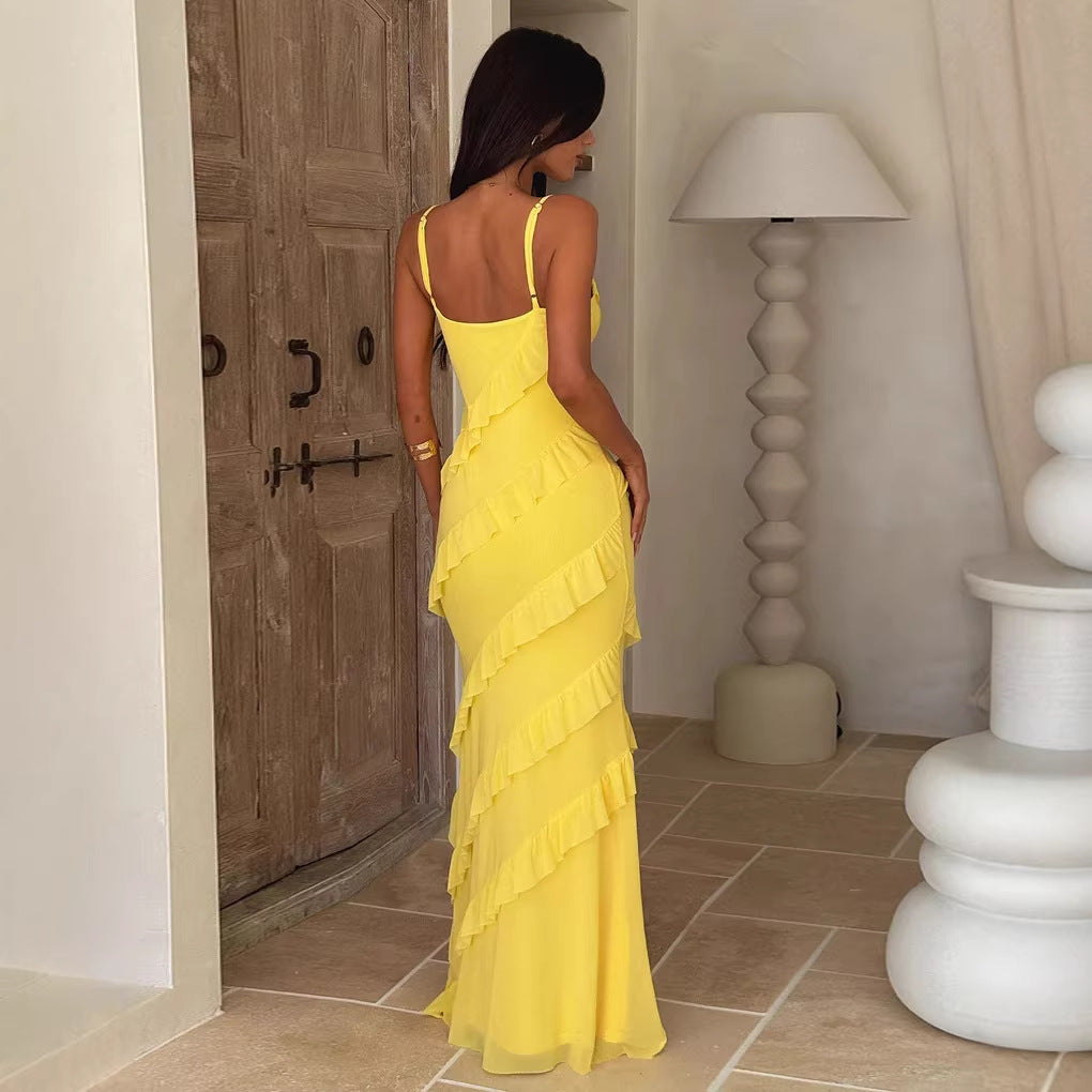 Backless Spaghetti-strap V-neck Dress With Side Slits