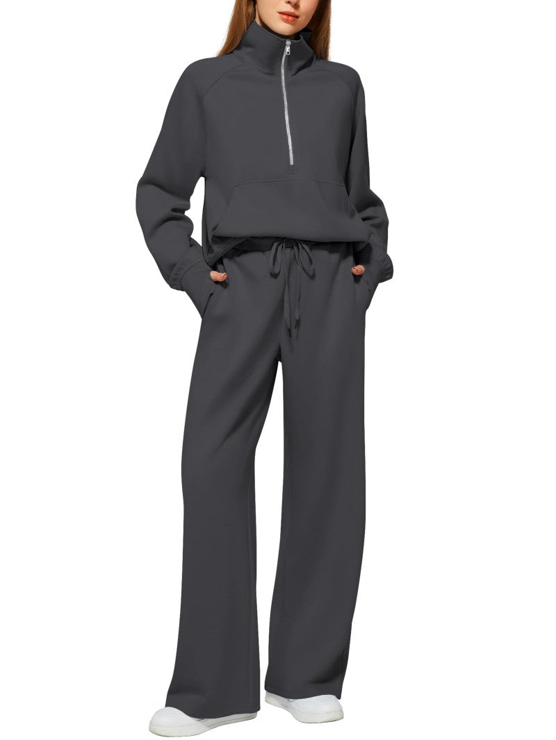 Solid Color Long-sleeve Zip-up Sweatshirt And Pants Set Two-piece Suit