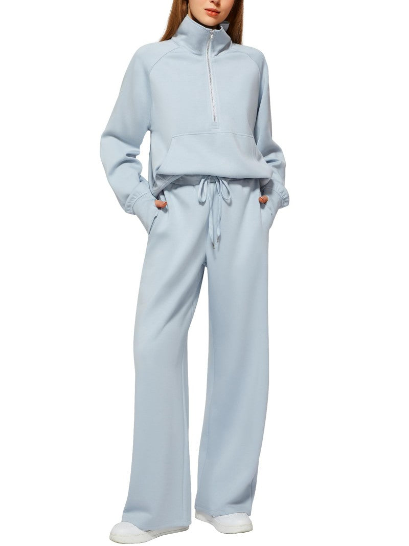 Solid Color Long-sleeve Zip-up Sweatshirt And Pants Set Two-piece Suit