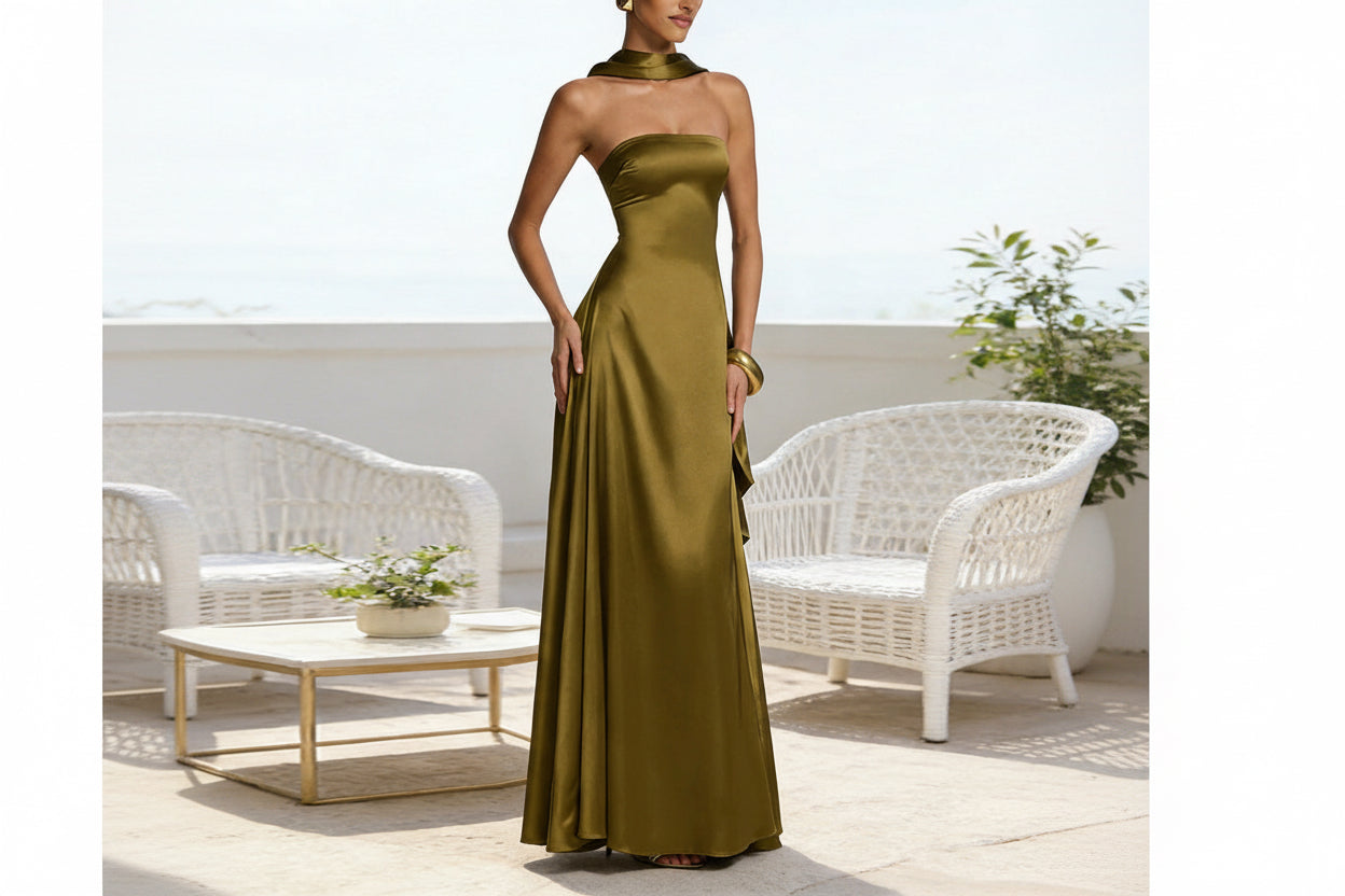 Womens Backless Tube-Top Waist-Cinching Evening Gown Long Dress