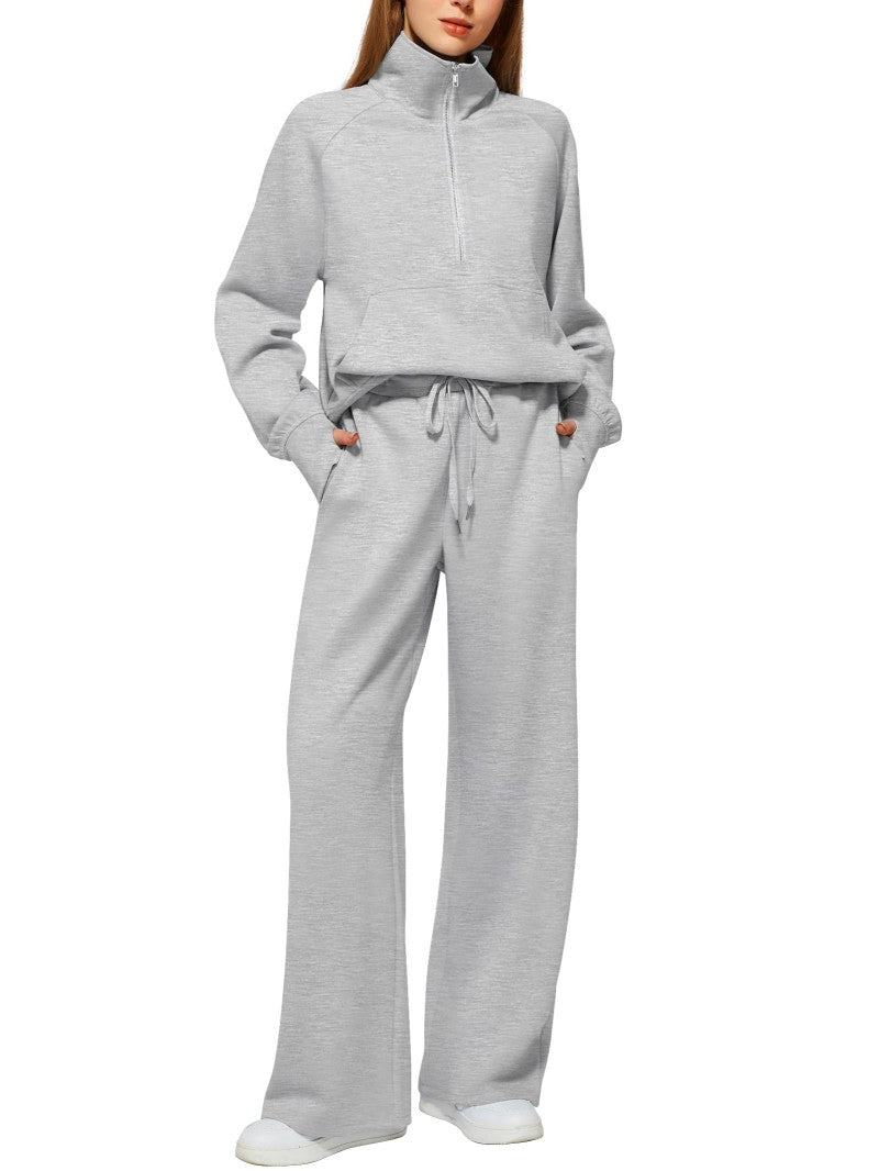 Solid Color Long-sleeve Zip-up Sweatshirt And Pants Set Two-piece Suit