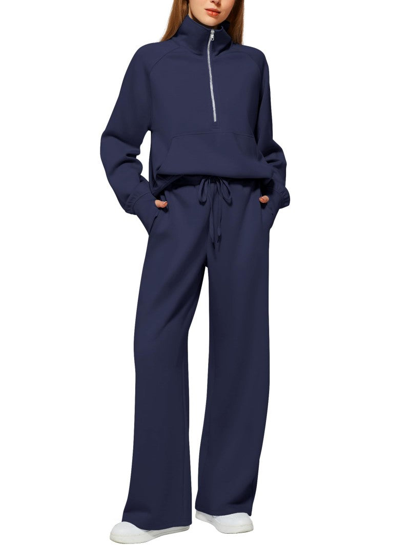 Solid Color Long-sleeve Zip-up Sweatshirt And Pants Set Two-piece Suit