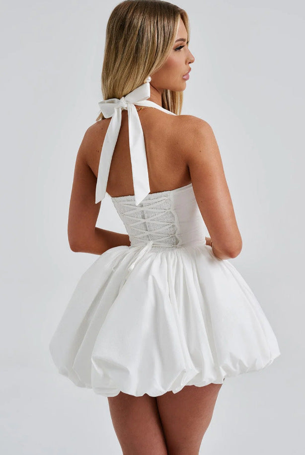 Neck-strap Lace-up Bow Dress For Women