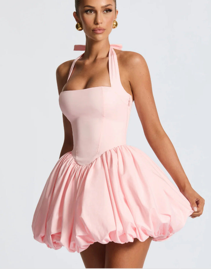 Neck-strap Lace-up Bow Dress For Women