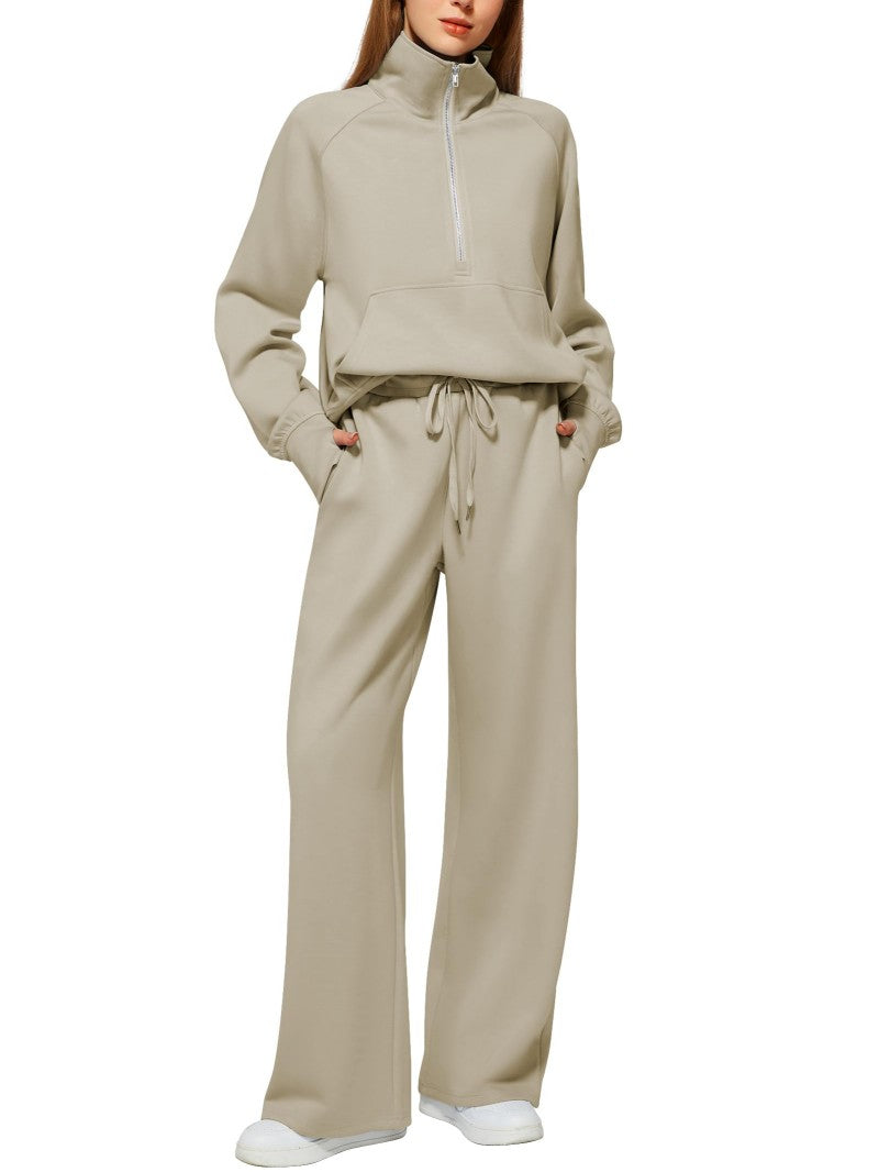 Solid Color Long-sleeve Zip-up Sweatshirt And Pants Set Two-piece Suit