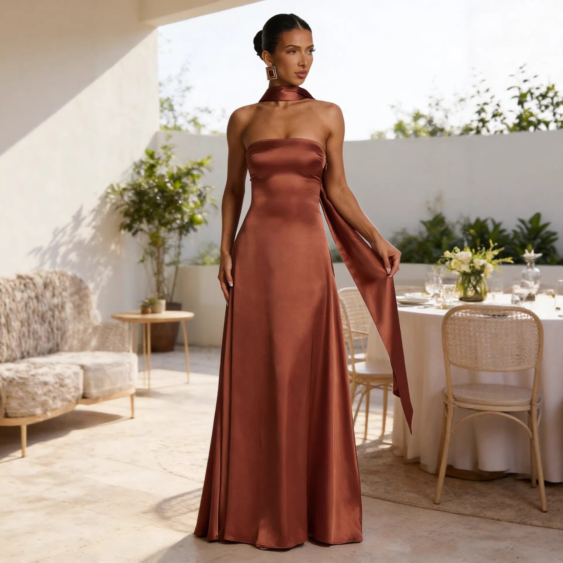 Womens Backless Tube-Top Waist-Cinching Evening Gown Long Dress