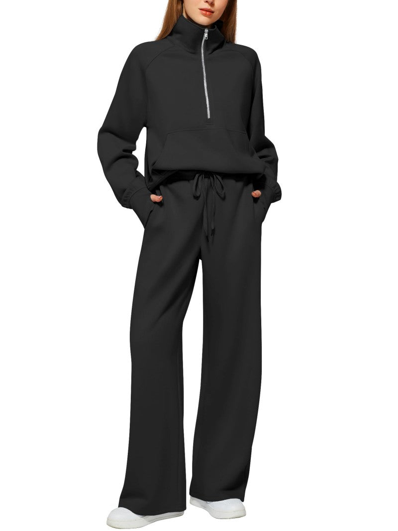 Solid Color Long-sleeve Zip-up Sweatshirt And Pants Set Two-piece Suit