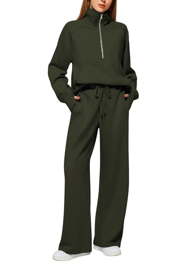Solid Color Long-sleeve Zip-up Sweatshirt And Pants Set Two-piece Suit
