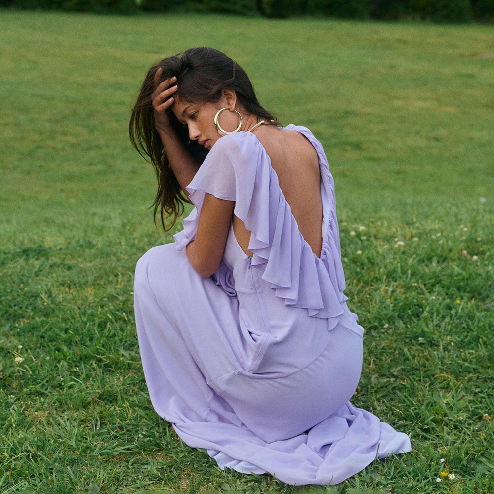 Resort V-neck Layered Ruffle Tie-up Fitted Dress