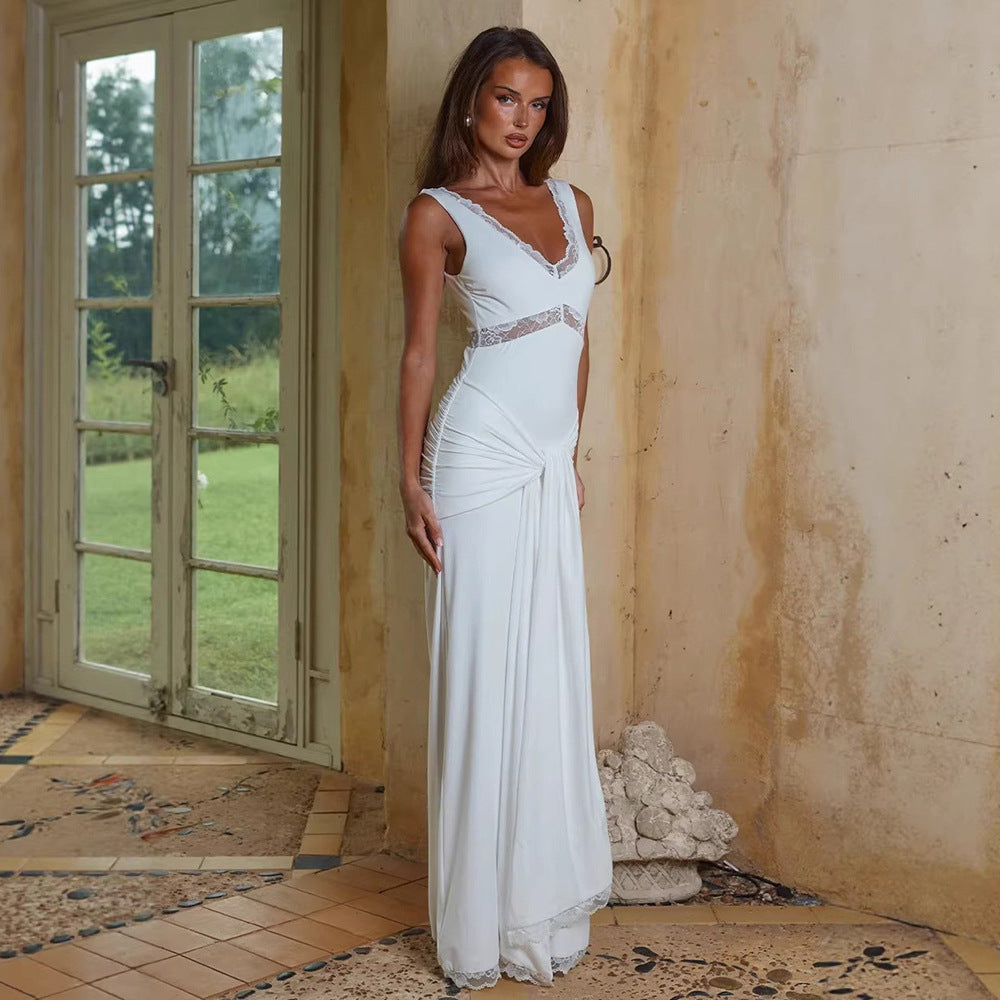 Lace-trimmed V-neck Slim-fit Elegant Chic Long Dress With Ribbons