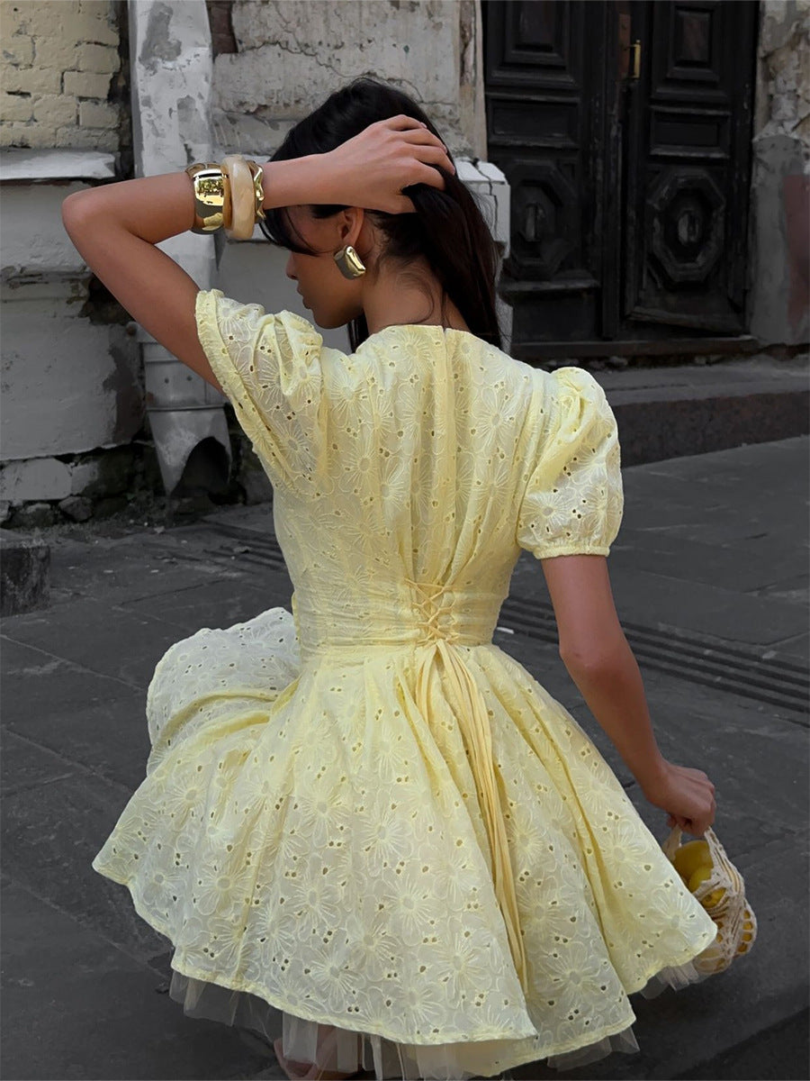 Sexy Fitted Waist Tie Embroidered Mini Dress