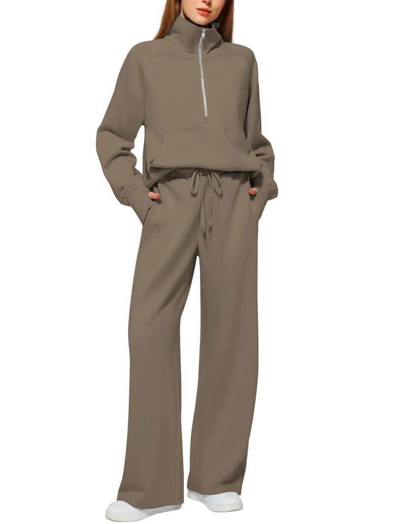 Solid Color Long-sleeve Zip-up Sweatshirt And Pants Set Two-piece Suit