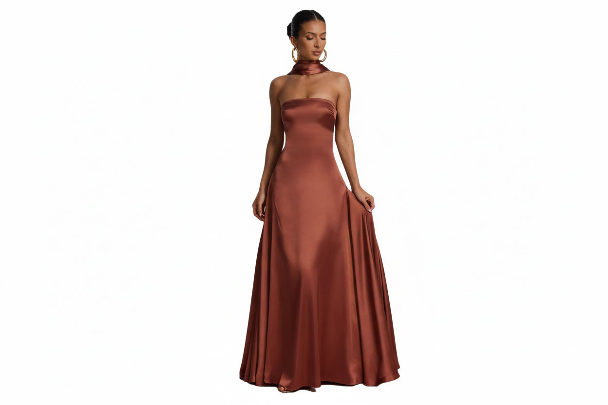Womens Backless Tube-Top Waist-Cinching Evening Gown Long Dress