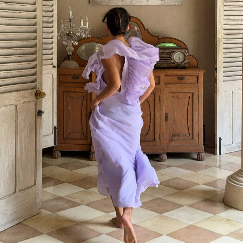 Resort V-neck Layered Ruffle Tie-up Fitted Dress