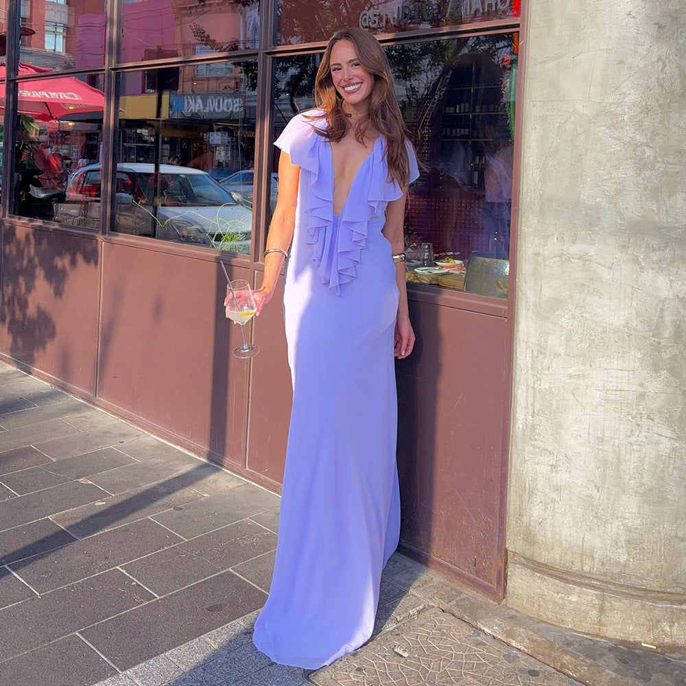 Resort V-neck Layered Ruffle Tie-up Fitted Dress